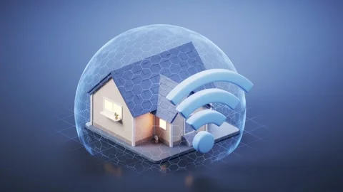 3D animation of a house inside protective bubble with wifi symbol showing c.. Stockbeeldmateriaal 332222084