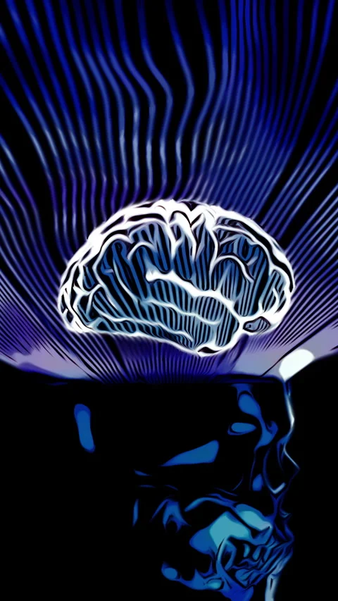 3D Animation of human brain surrounded by light beams. Design. Brain model with Stock Footage 283284805