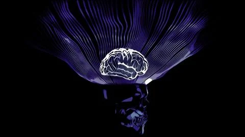 3D Animation of human brain surrounded by light beams. Design. Brain model with 库存插图