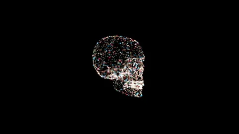 3D animation of a human skull with multi-colored particles and rotating Stock Footage 282025182