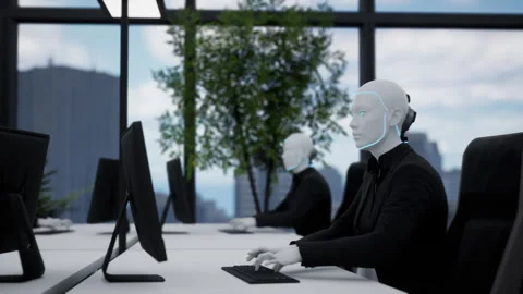 3d animation of humanoid robots working in modern office, future concept Stock Footage 256235077