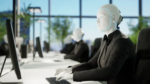 3d animation of humanoid robots working in modern office, future concept Stock Footage 256238349