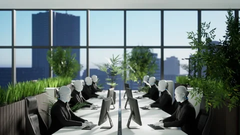 3d animation of humanoid robots working in modern office, future concept Stock Footage 256605978