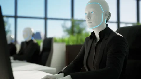 3d animation of humanoid robots working in modern office, future concept Stock Footage 258943168