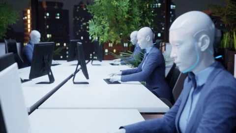 3d animation of humanoid robots working in modern office, future concept Stock Footage 258948204