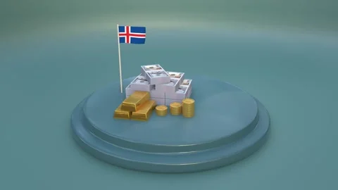 3D animation of Iceland flag with stacks of dollar bills gold bars and coin.. Stock Footage 328664432