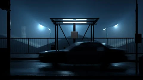 3D Animation of an illuminated bus stop behind passing vehicles at night Stock Footage 331072434