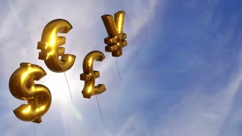 3D animation of inflated symbols floating in the sky Stock Footage 238003845