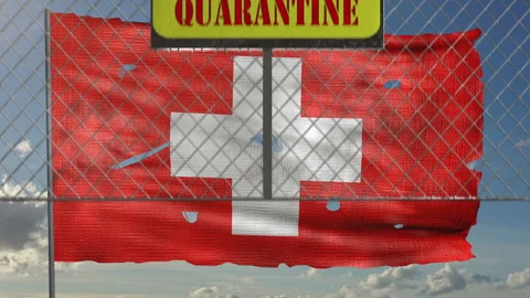 3d animation of iron gate with message "warning quarantine". Ragged Swiss flag i Stock Footage 127261319
