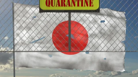 3d animation of iron gate with message "warning quarantine". Ragged Japanese fla Stock Footage 127261532