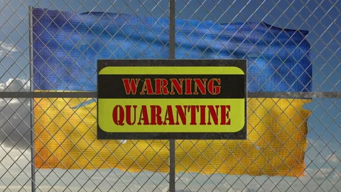 3d animation of iron gate with message "warning quarantine". Ragged Ukrainian fl Stock Footage 127261686