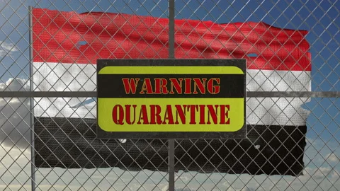 3d animation of iron gate with message "warning quarantine". Ragged Iraqi flag i Stock Footage 127261750