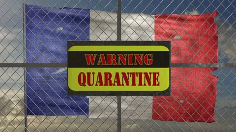 3d animation of iron gate with message "warning quarantine". Ragged French flag Stock Footage 127262849