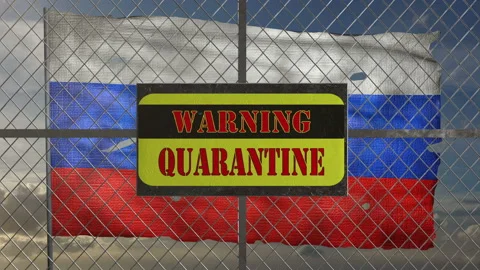 3d animation of iron gate with message "warning quarantine". Ragged russian flag Stock Footage 127263008
