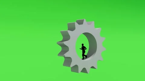 3D animation isometric view of a man silhouette running inside a spinning gear Stock Footage 335267201