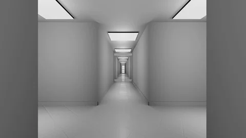 3d animation journey through the maze. Corridors, interior of a large building 库存影片 128943771