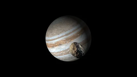 3D animation of Jupiter with an asteroid orbiting around it. Stock Footage 303493796