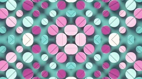3D animation with a kaleidoscopic pattern of multicolored, pastel-toned pills Video stock 332411087