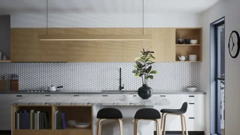 3D animation of a kitchen with white fronts and wooden drawers. Video stock 221787080