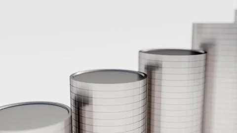 A 3d animation of lateral tracking shot glides past rising silver cylinders. Stock Footage 324605494
