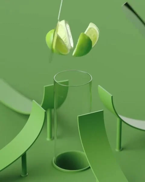 3D Animation: Lime Falling Into Glass on Green Background 스톡 동영상 347692819