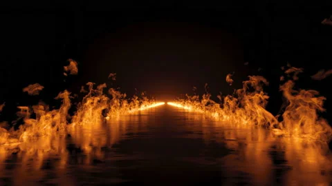 3d animation. Long burning road, ground is on fire. Blazing flames Stock Footage 172383119