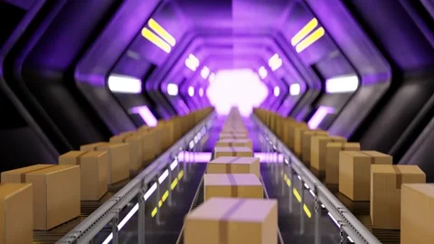 3D animation loop of carton boxes on conveyor system in modern factory Stock Footage 283176430