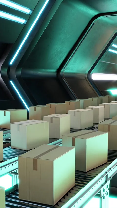 3D animation loop of carton boxes on conveyor system in modern factory Stock Footage 288594069