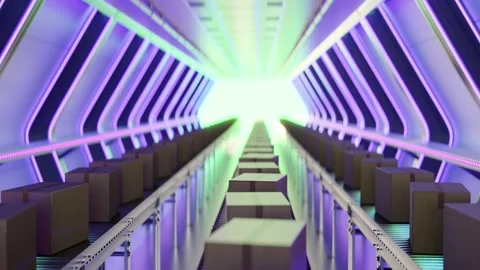 3D animation loop of carton boxes on conveyor system in modern factory Stock Footage 288594127