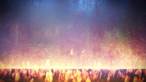 3D Animation Loop of Fire Flames Burning on Floor with Dark Rusty Metal Wall Stock Footage 335206491