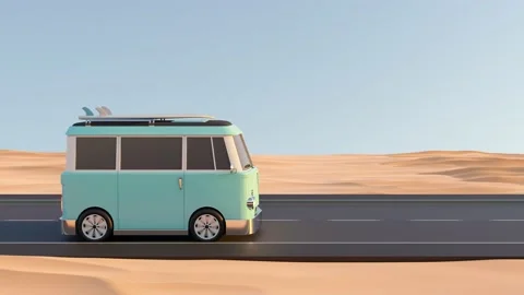 3D animation loop retro camper driving on road in desert area Stock Footage 233497187