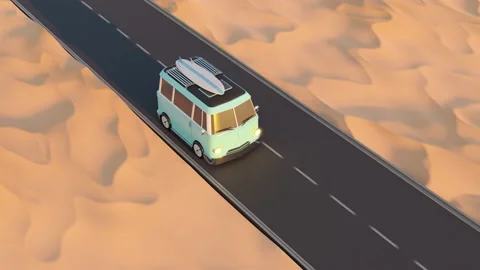 3D animation loop retro camper driving on road in desert or beach Stock Footage 237859795