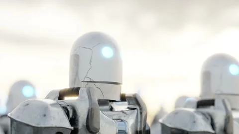 3d animation loop of Similar robots jumping under sundown sky Stock Footage 236323303