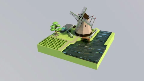 3d animation. low poly Dutch mill on the river Bank Stock Footage 111306769