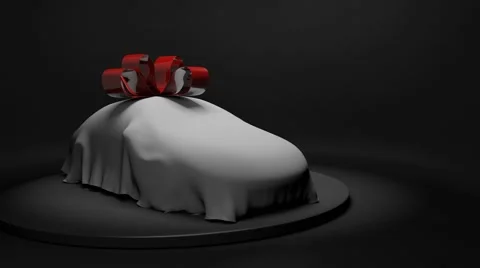 3D animation of a luxury car wrapped under a sheet with a big red bow Stock Footage 60388255