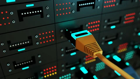 3D Animation Macro Shot, Plugs in Internet Connector into LAN Router  Stock Footage 165219256