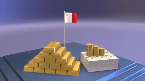 3D animation of Malta flag standing behind stacks of gold bars and dollar b.. Stock Footage 328664448