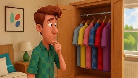 A 3d Animation of a Man trying to decide which shirt to wear Stock Footage 315914600