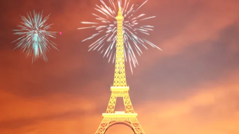 3D Animation Massive Tour Eiffel with fireworks exploding in dusk sky background Stock Footage 167356265