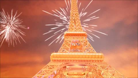 3D Animation Massive Tour Eiffel with fireworks exploding in dusk sky background Stock Footage 167356339
