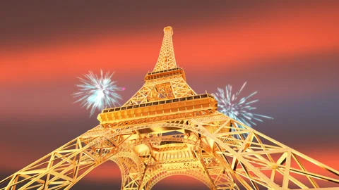 3D Animation Massive Tour Eiffel with fireworks exploding in dusk sky background Stock Footage 167451718