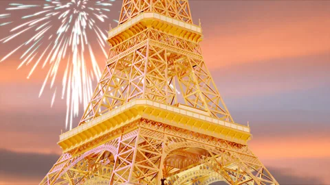 3D Animation Massive Tour Eiffel with fireworks exploding in dusk sky background Video stock 167451846