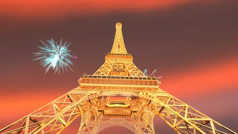 3D Animation Massive Tour Eiffel with fireworks exploding in dusk sky background Video stock 167655469
