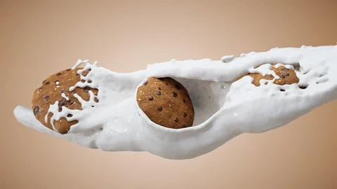 3D animation milk liquid splash to cookie chocolate chip. Stock Illustration