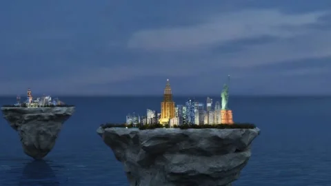 3d animation of miniature cities on floating islands above ocean Stock Footage 132032159
