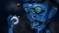 3D animation mirroring Alien in space holds rotating universe in his hand 4k or 4k+ Resolution