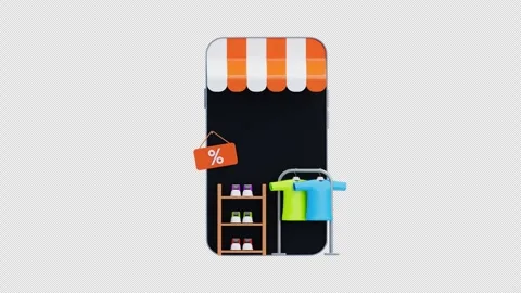 3D animation of Mobile shop display with discount clothing sale Stock Footage 332029842