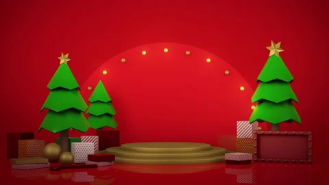 3D animation mock up Christmas trees and gift box on gold empty podium Video stock 141075880
