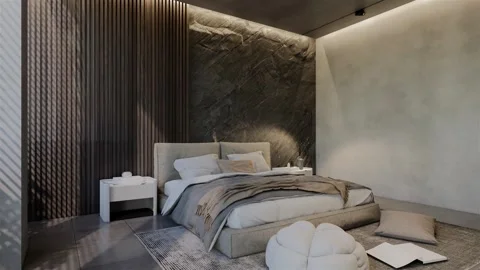 3D Animation modern bedroom, interior design contemporary with natural tone Stock Footage 293451000
