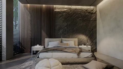3D Animation modern bedroom, interior design contemporary with natural tone Stock Footage 293451381